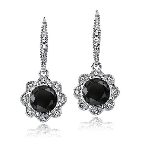 Silver Tone Black & Clear Swarovski Elements Halo Dangle Flower Leverback Earrings E13783M2