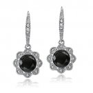 Silver Tone Black & Clear Swarovski Elements Halo Dangle Flower Leverback Earrings E13783M2