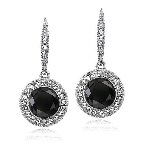 Silver Tone Black & Clear Swarovski Elements Halo Dangle Lever back Earrings E13782M2