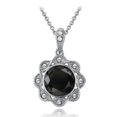 Silver Tone Black & Clear Swarovski Elements Halo Flower Necklace P13783M2