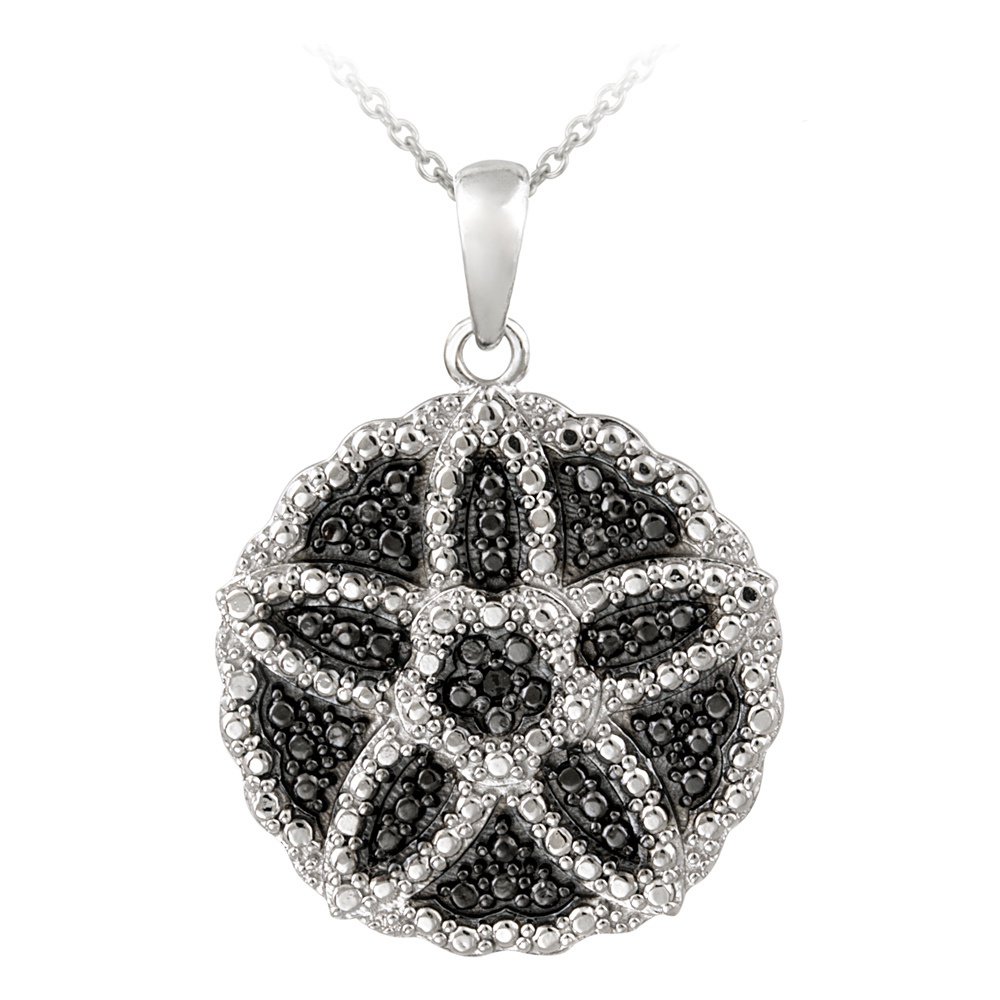 Silver Tone Black Diamond Accent Flower Circle Necklace PBR12561M4