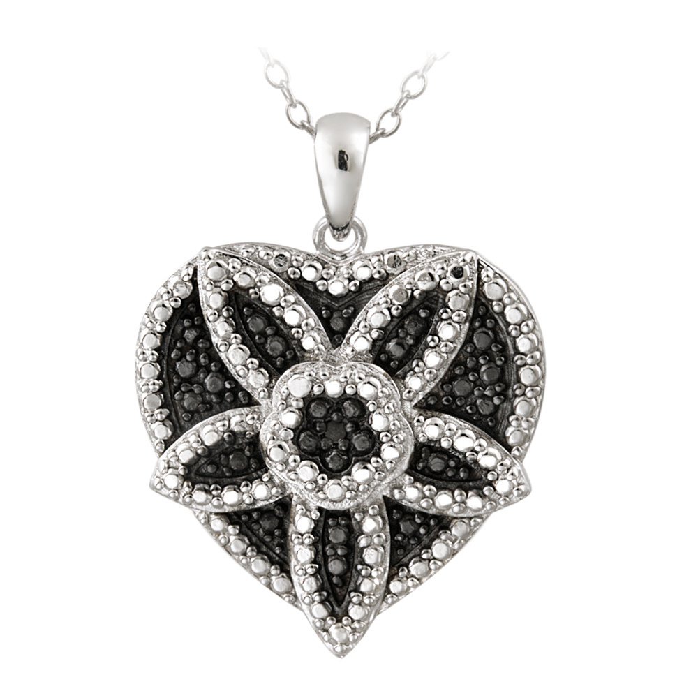 Silver Tone Black Diamond Accent Flower Heart Necklace PBR12562M4