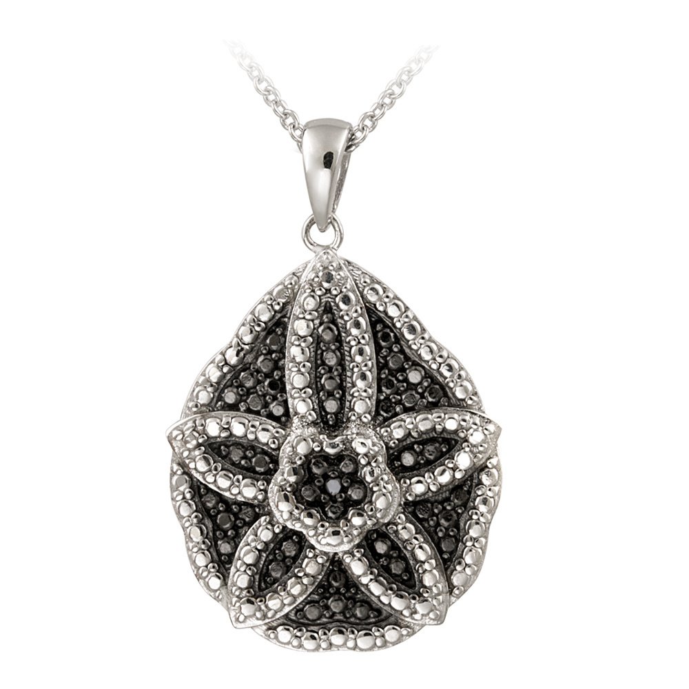 Silver Tone Black Diamond Accent Flower Tear Drop Necklace PBR12564M4