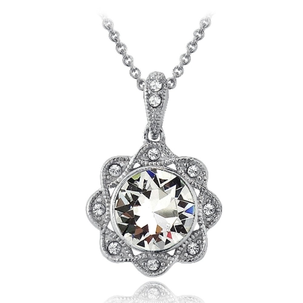Silver Tone Clear & Clear Swarovski Elements Halo Flower Necklace P13783CR