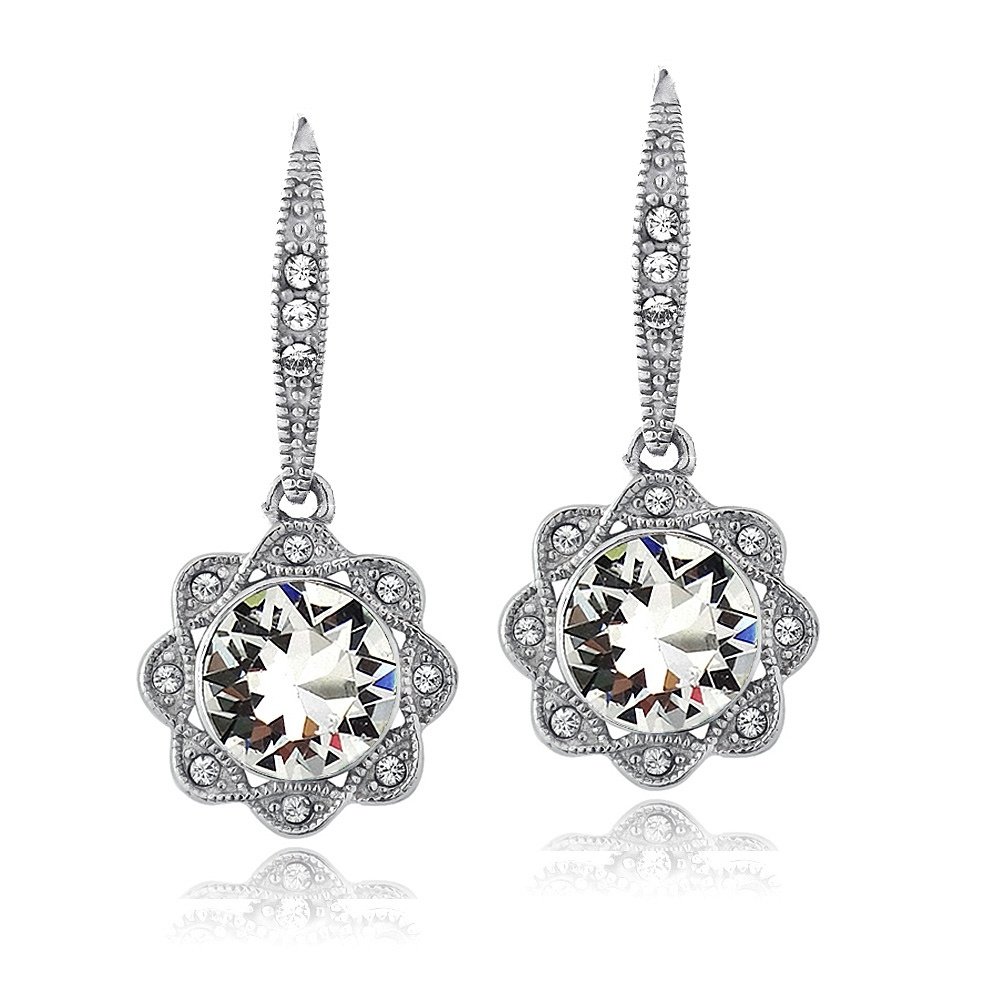 Silver Tone Clear Swarovski Elements Halo Dangle Flower Leverback Earrings E13783CR