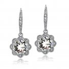 Silver Tone Clear Swarovski Elements Halo Dangle Flower Leverback Earrings E13783CR