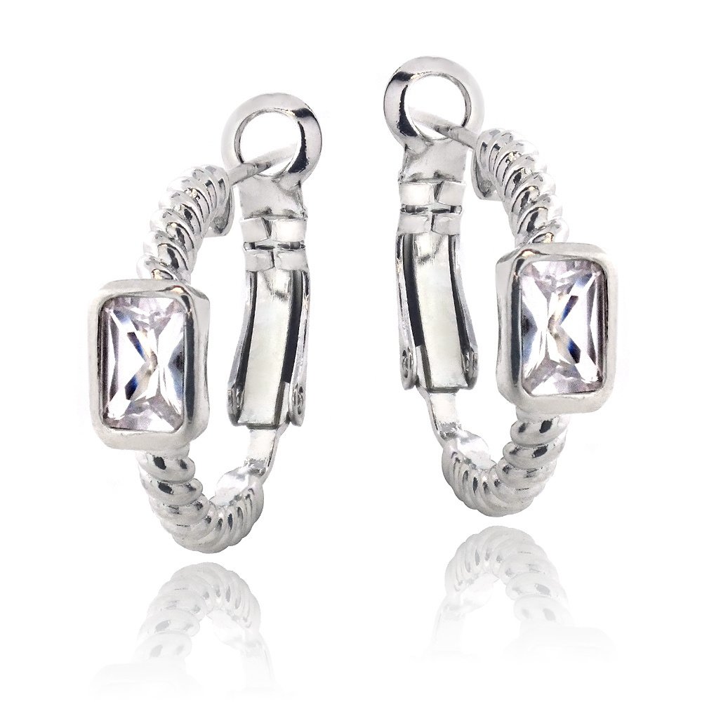 Silver Tone Created White Sapphire Rectangle Shrimp Clutchless Earrings EBR13694CWS