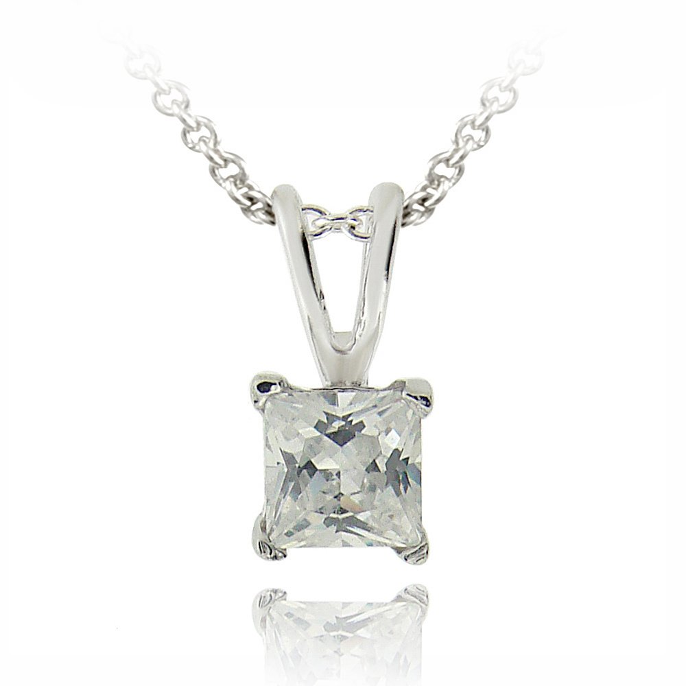 Silver Tone CZ Square Solitaire Necklace, 4mm PBR12631