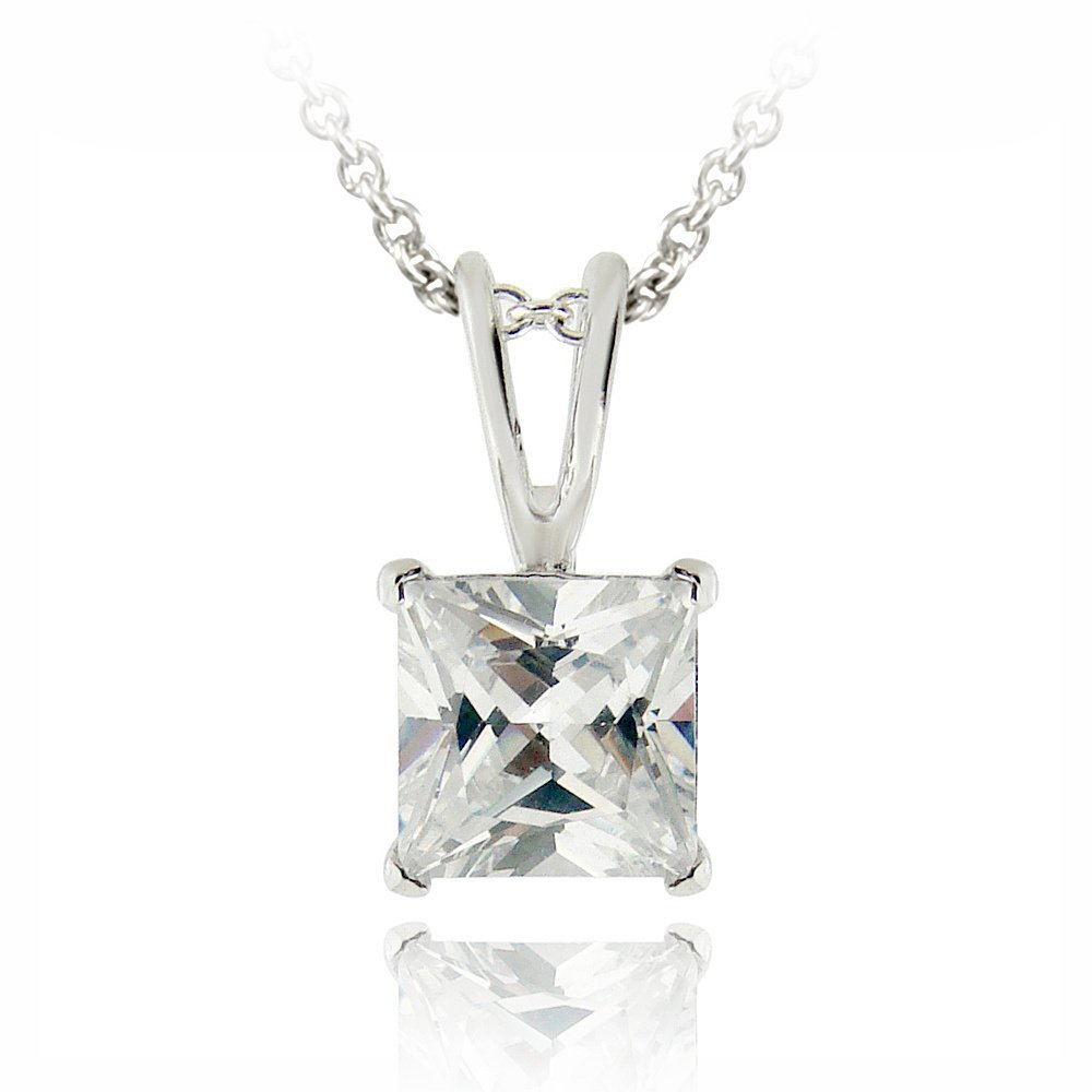 Silver Tone CZ Square Solitaire Necklace, 6mm PBR12633
