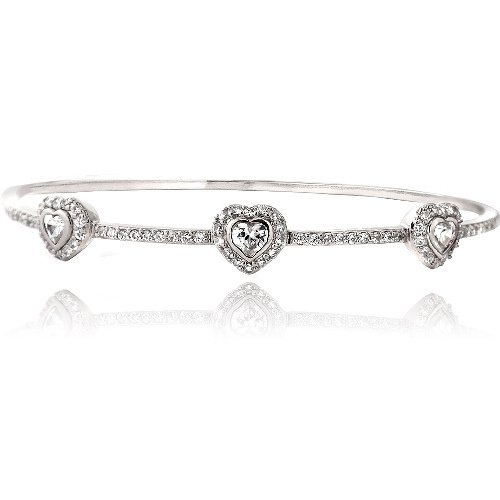 Silver Tone CZ Three Heart Bangle Bracelet BABR13674