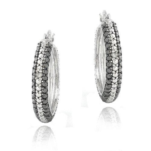 Silver Tone Diamond Accent Black & White Striped Hoop Earrings HBR12969