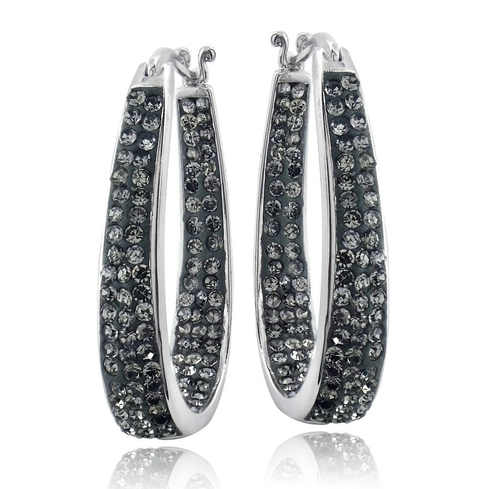 Silver Tone Gray Crystal Inside-Out Oval Hoop Earrings H13773BD
