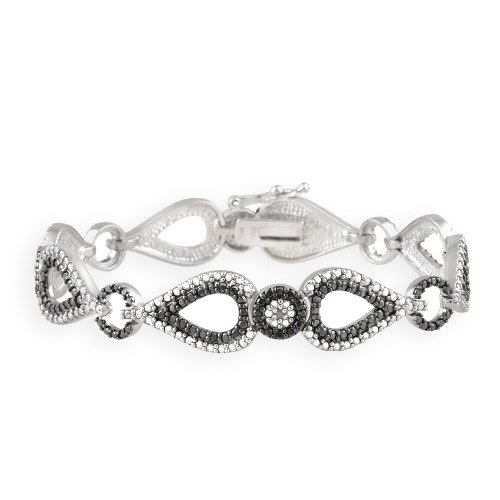 Silver Tone Open Teardrop Circle Black and White Link Bracelet BBR12740