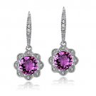Silver Tone Purple & Clear Swarovski Elements Halo Dangle Flower Leverback Earrings E13783M