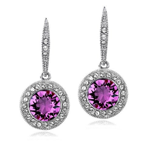 Silver Tone Purple & Clear Swarovski Elements Halo Dangle Leverback Earrings E13782M