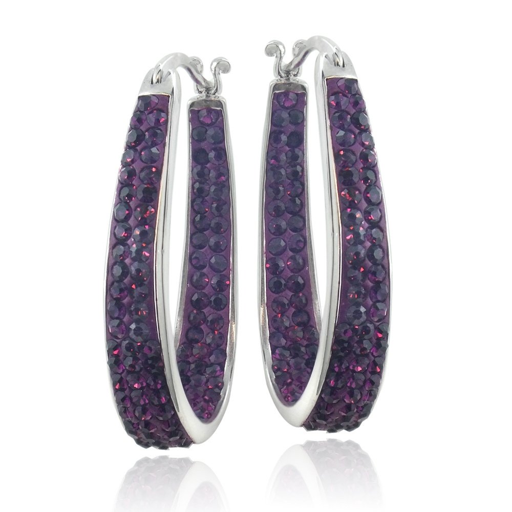 Silver Tone Purple Crystal Inside-Out Oval Hoop Earrings H13773PU