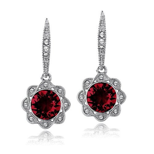 Silver Tone Red & Clear Swarovski Elements Halo Dangle Flower Leverback Earrings E13783M3
