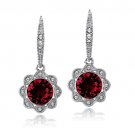 Silver Tone Red & Clear Swarovski Elements Halo Dangle Flower Leverback Earrings E13783M3