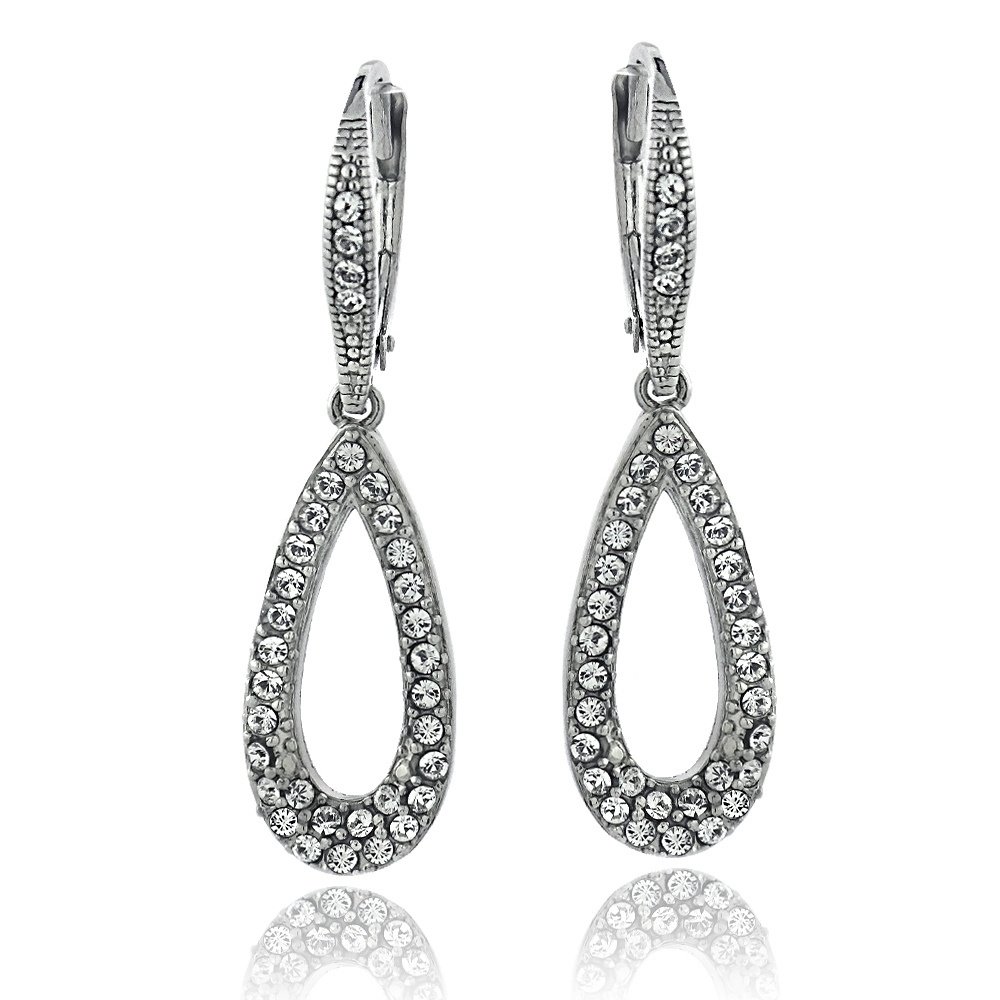 Silver Tone Swarovski Elements Open Teardrop Leverback Dangle Earrings EBR13758CR