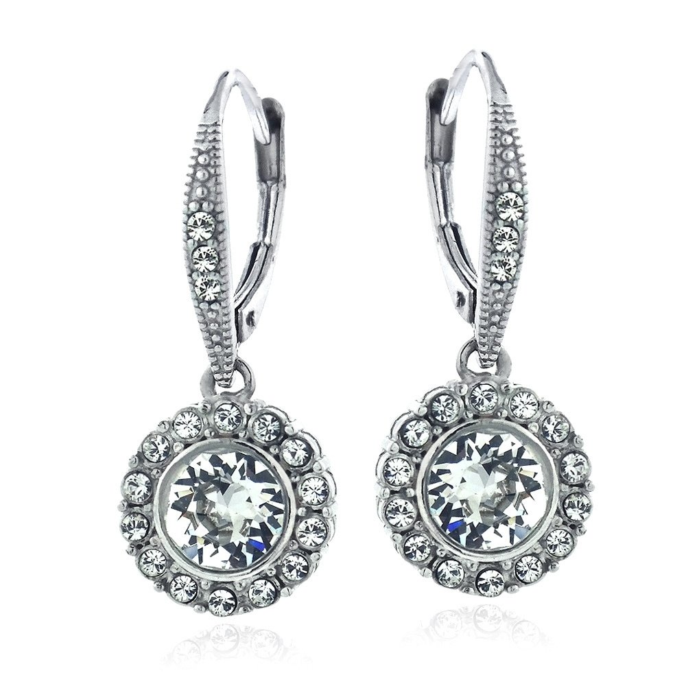 Silver Tone Swarovski Elements Round Halo Leverback Earrings EBR13754CR