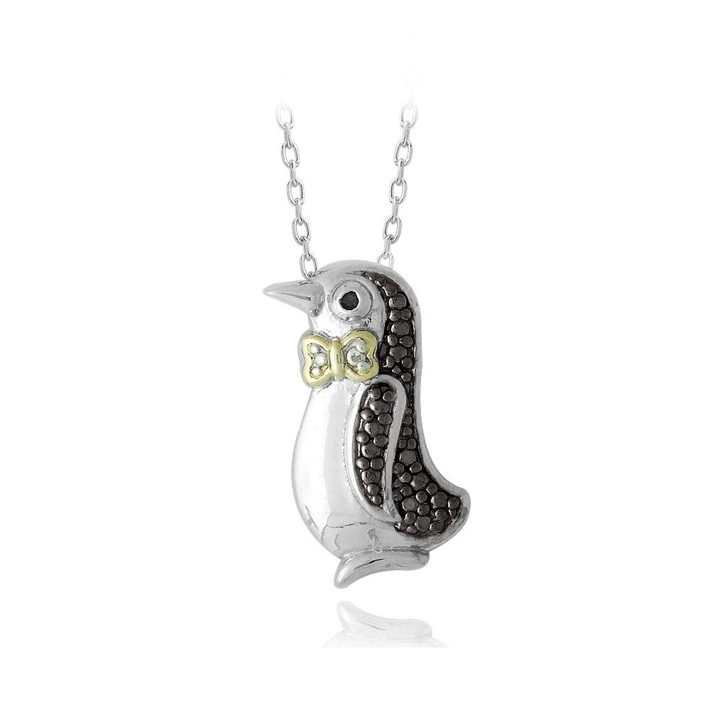 Silver Tone Two Tone Black Diamond Accent Penguin Necklace PTBR13713M4