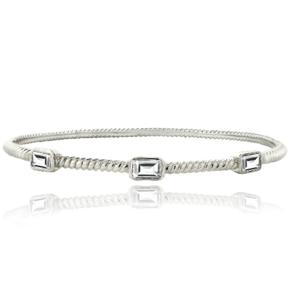 Silver Tone White Topaz Rectangular Corrugated Bangle BABR13682WT