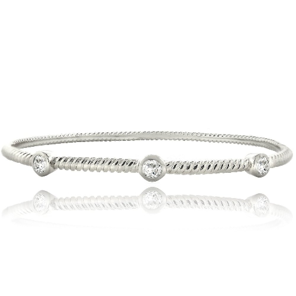 Silver Tone White Topaz Round Corrugated Bangle BABR13683WT