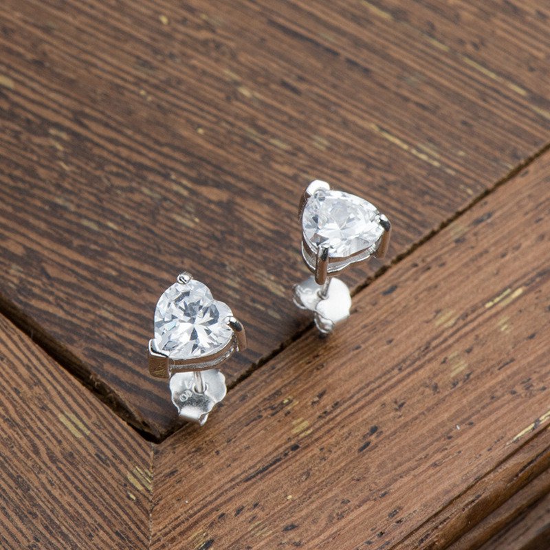 Simple CZ Heart 925 Sterling Silver Stud Earrings Red CZ