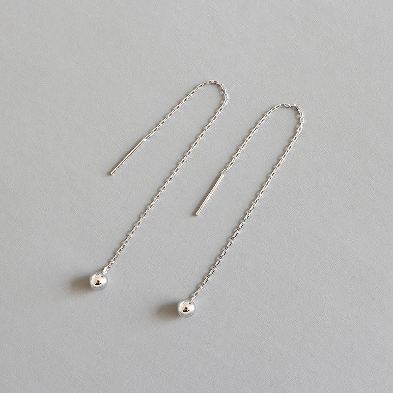 Simple Mini Beads 925 Sterling Silver Thread Dangling Earrings Rhodium
