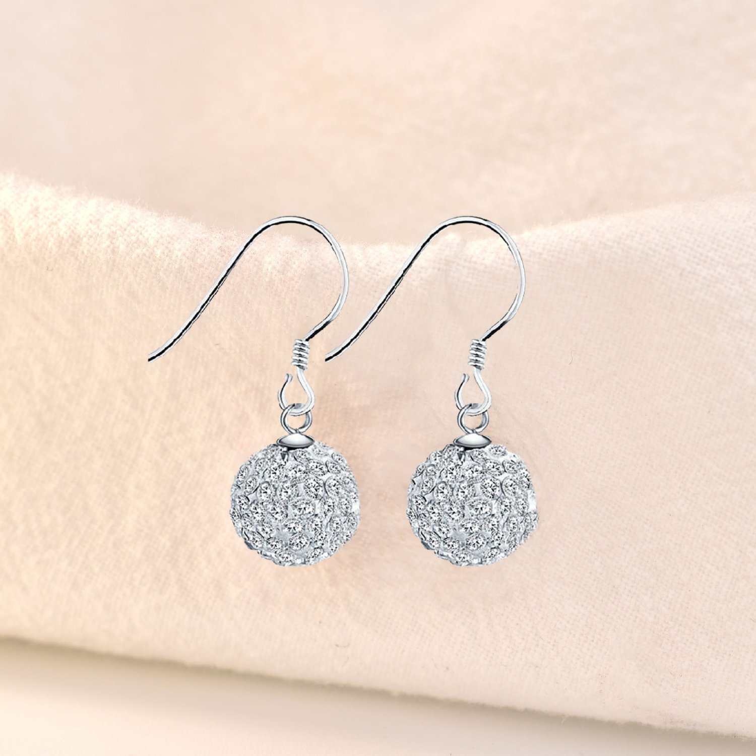 Simple Round CZ Ball 925 Sterling Silver Dangling Earrings 12mm & White CZ