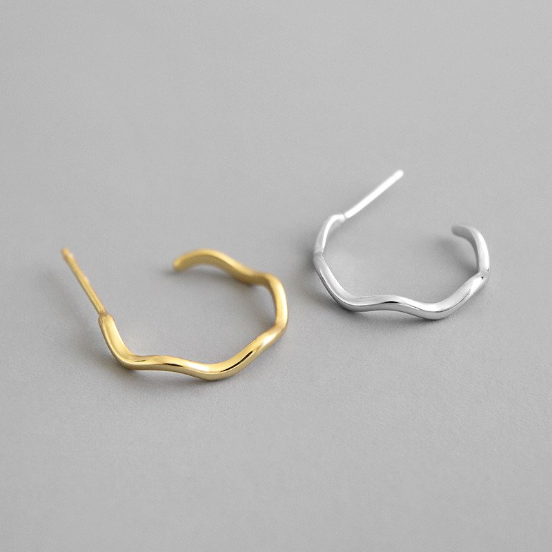 Simple Wave Circle 925 Sterling Silver Hoop Earrings Yellow Gold