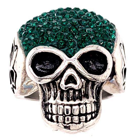 Skull With Tiny Green Accent CZ Stones Stainless Steel Ring - SCR3103