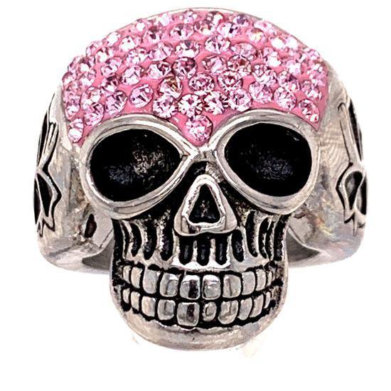 Skull With Tiny Pink Accent CZ Stones Stainless Steel Ring - SCR3100
