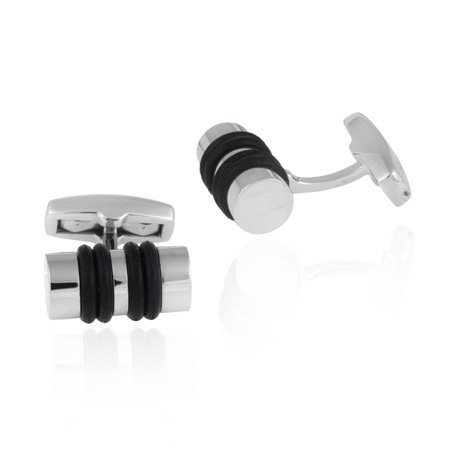 Stainless Steel & Black Rubber Striped Tube Men's Cufflinks CL10979BK