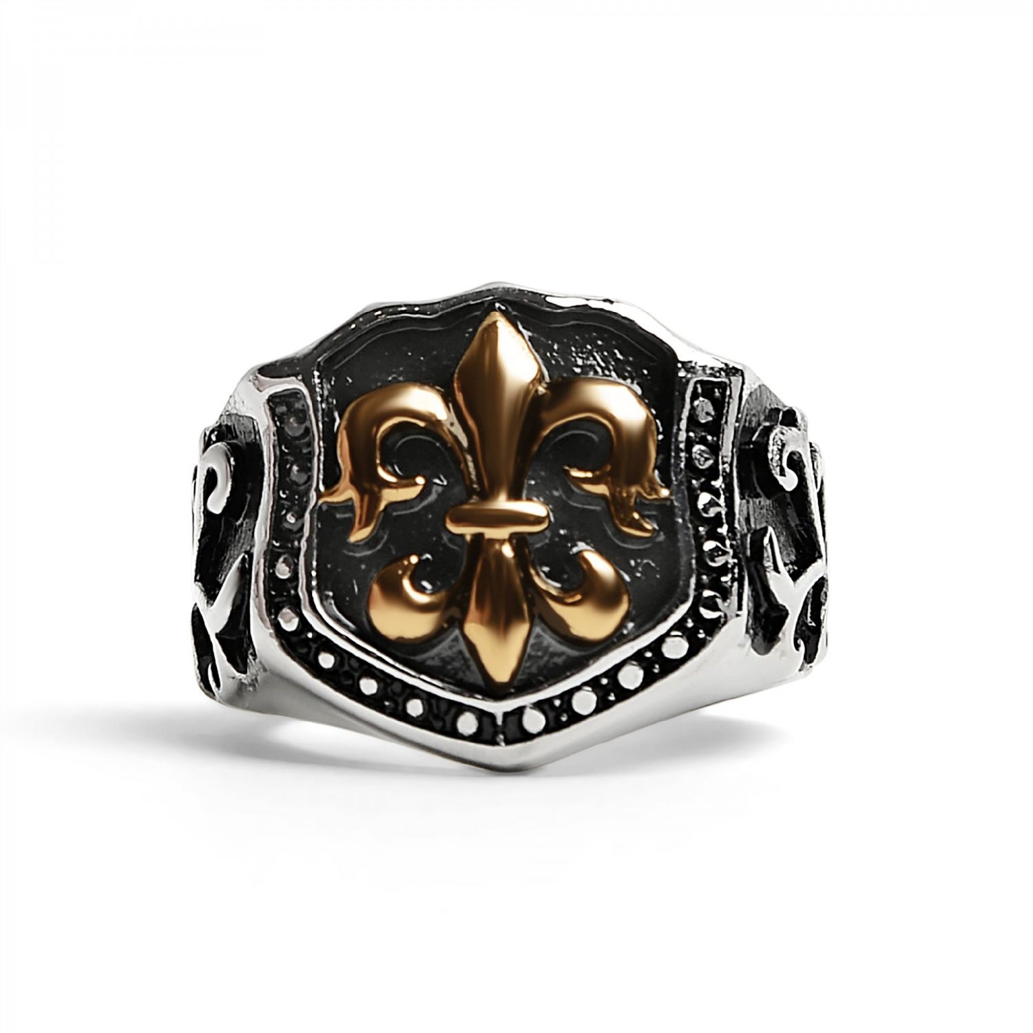 Stainless Steel 18K Gold Plated Fleur De Lis Shield Signet Ring - SCR4034