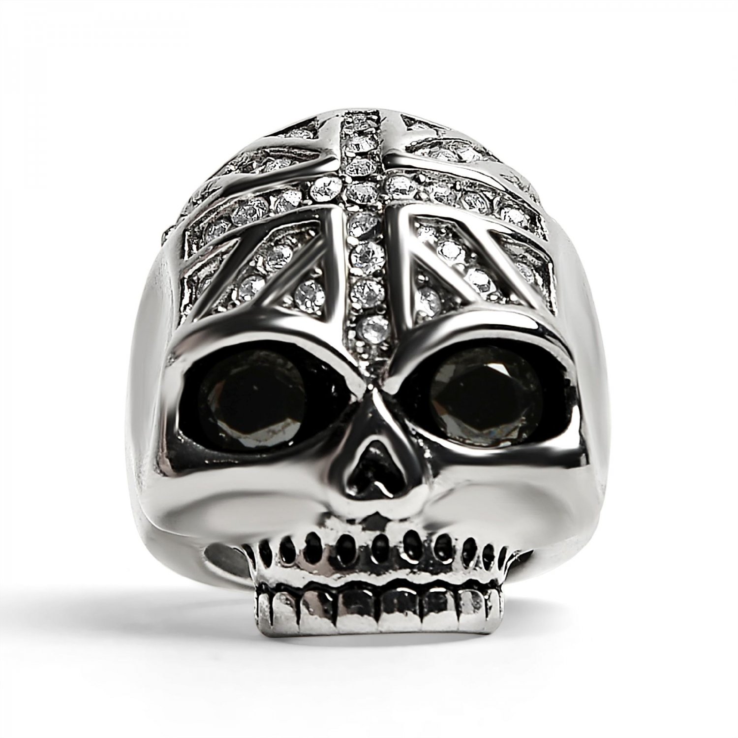 Stainless Steel Black CZ Eyed Skull With Clear CZ UK Flag Ring - SCR4022