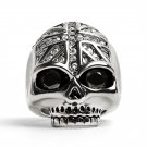 Stainless Steel Black CZ Eyed Skull With Clear CZ UK Flag Ring - SCR4022