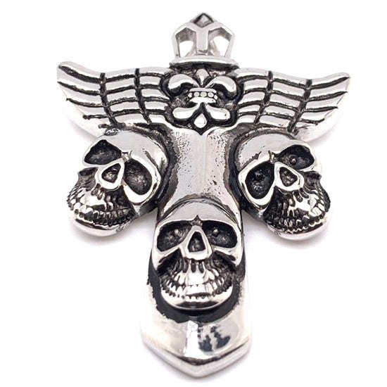 Stainless Steel Fleur De Lis Cross With Skulls Pendant - PDL2019 Default Title