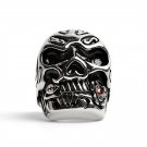 Stainless Steel Large Filigree Skull Biting Red CZ Rose Ring - SCR4000
