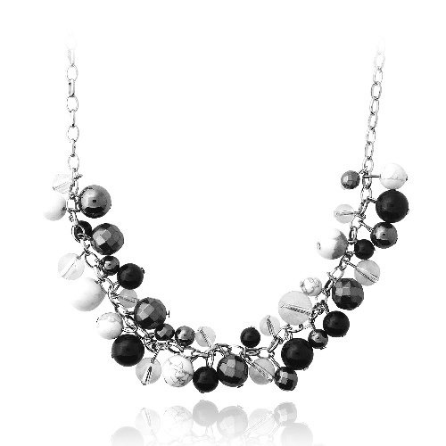Stainless Steel Onyx, White Howalite, & Hematite Cluster Bead Necklace NST12956
