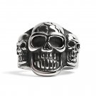 Stainless Steel Polished Cracked Triple Skulls Ring - SCR3038