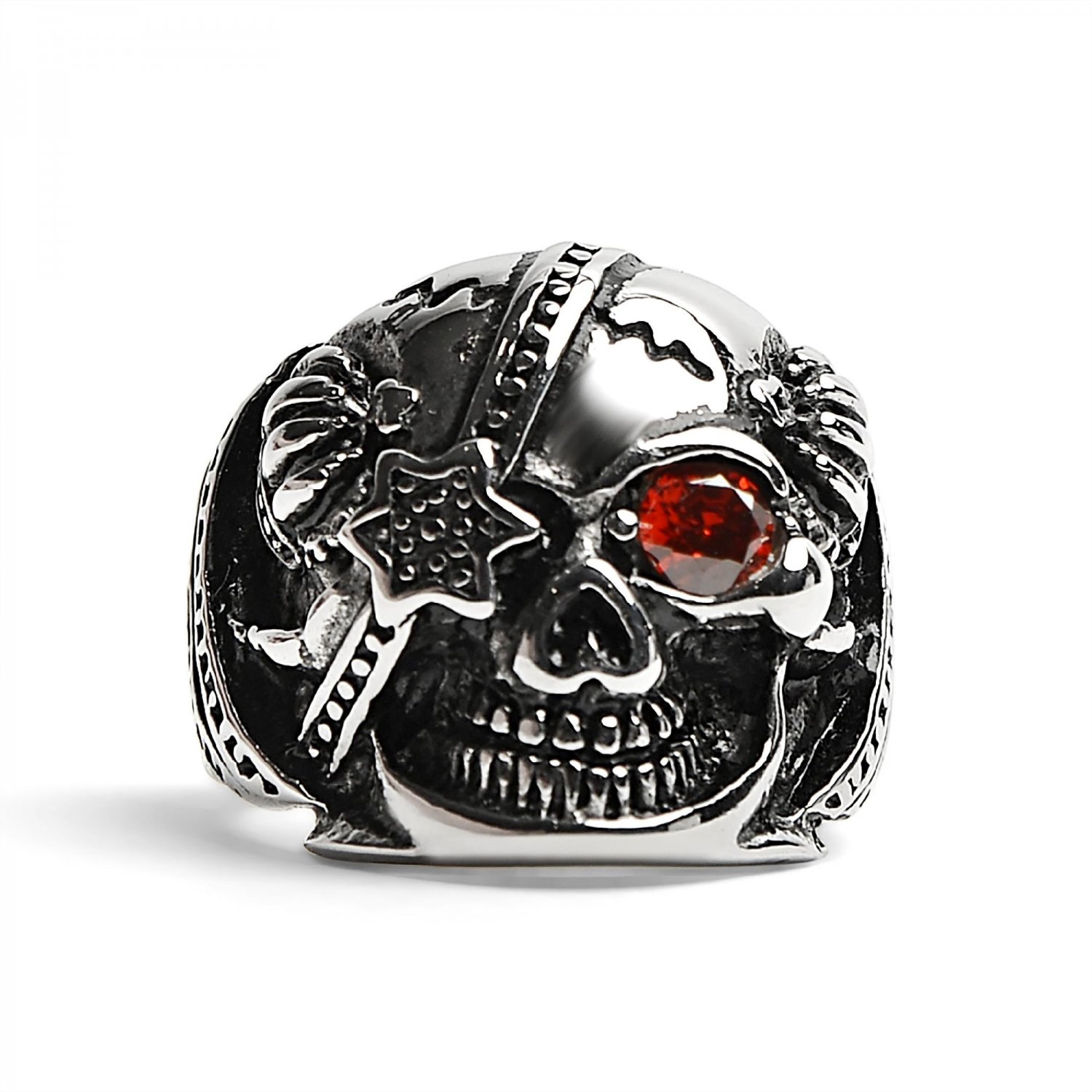 Stainless Steel Skull With Red CZ Eye and Eyepatch Ring - SCR2001