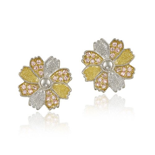 Sterling Silver & 18K Gold Overlay Pink CZ Flower Stud Earrings ET4379