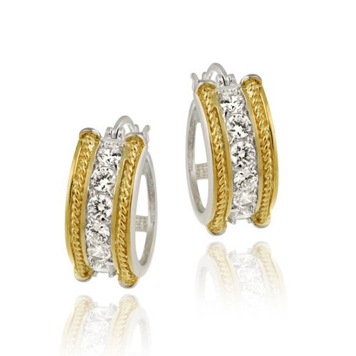 Sterling Silver & Gold over Silver Two Tone CZ Cable Hoop Earrings ET8104