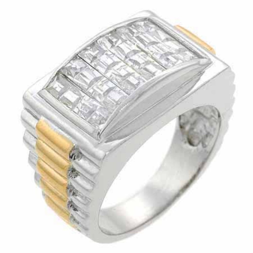 Sterling Silver & Rose Gold Overlay Two Tone Designer Inspired CZ Bold Mens Ring RT9142-12