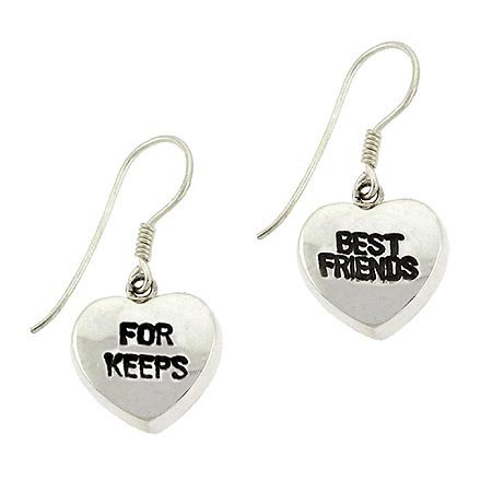 Sterling Silver 'Best Friends' & 'For Keeps' Heart Dangle Friendship Earrings E9725