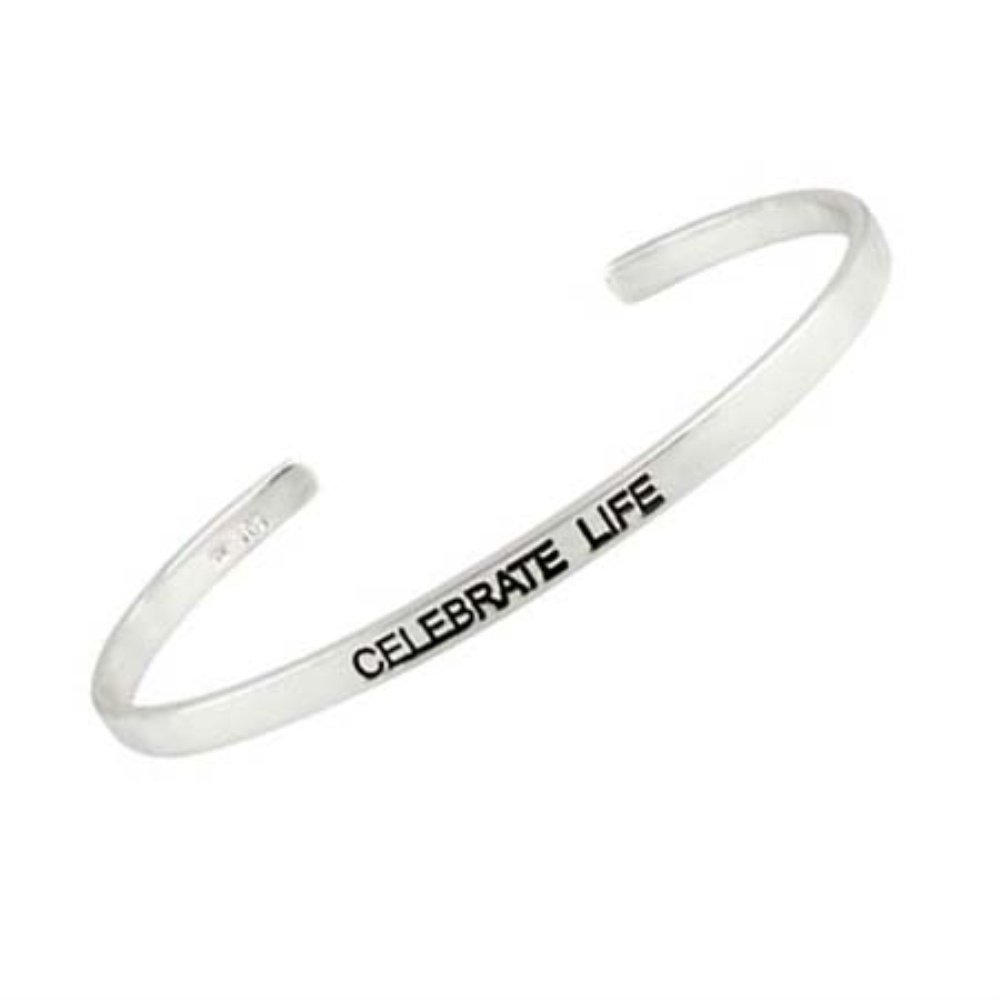 Sterling Silver 'Celebrate Life' Inspirational Cuff Bangle BA10607