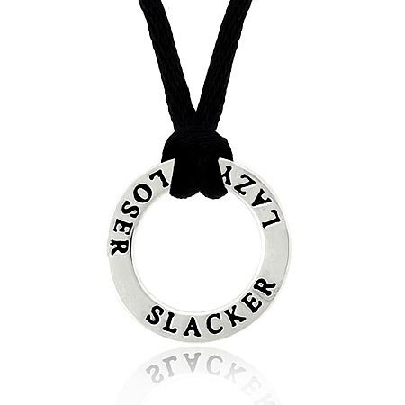 Sterling Silver 'Loser' 'Lazy' 'Slacker' Circle Black Silk Pendant Necklace N9813