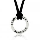 Sterling Silver 'Loser' 'Lazy' 'Slacker' Circle Black Silk Pendant Necklace N9813