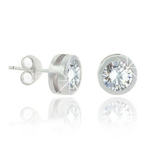 Sterling Silver .925 Cubic Zirconia cz Big Bezel Set Round 8mm Stud Earrings E9482